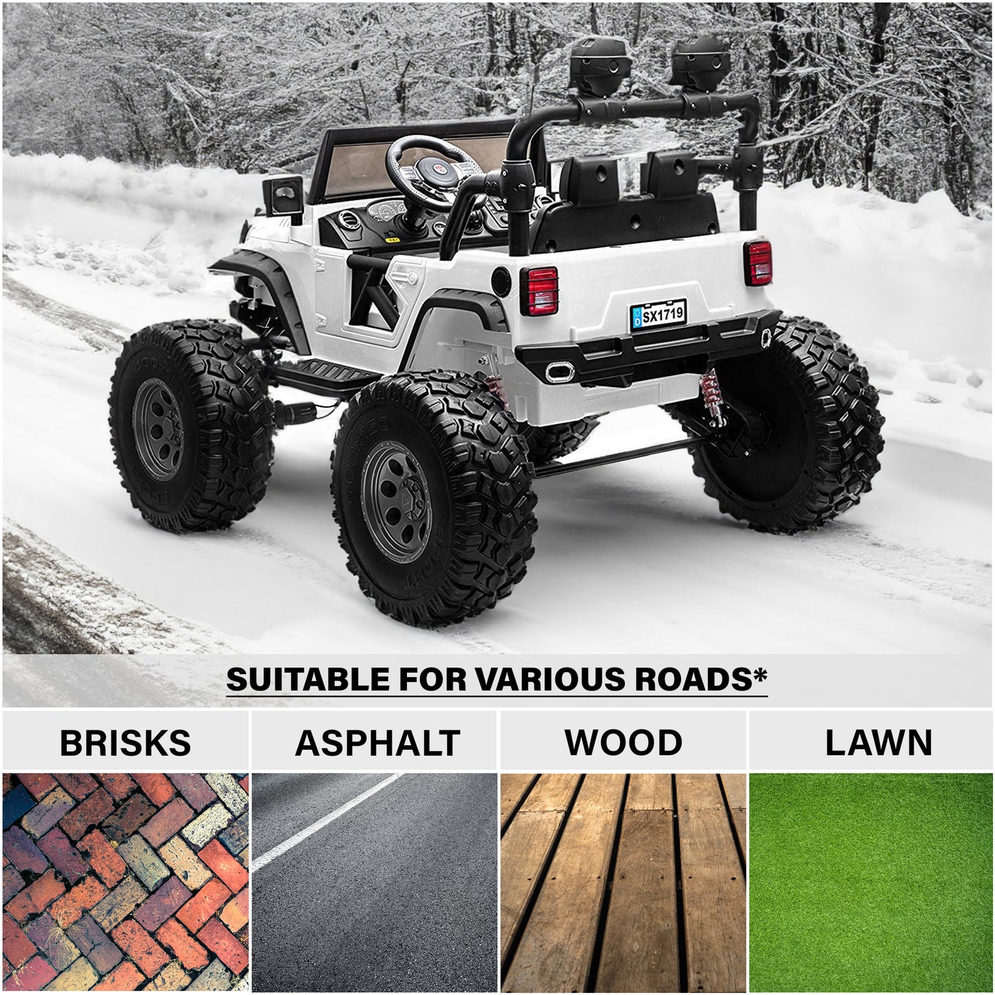 Lifted Monster Jeep with Remote Control, Leather Seat and Rubber Tires Classic 2 Seater 12V/24V