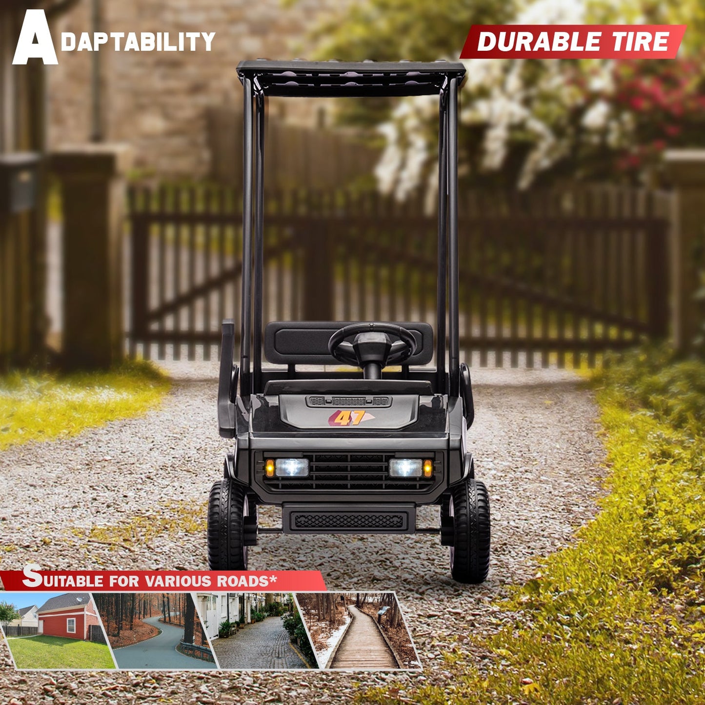 24V Electric Golf Cart Ride-On Car for Kids with Durable Tires and Roof Frame