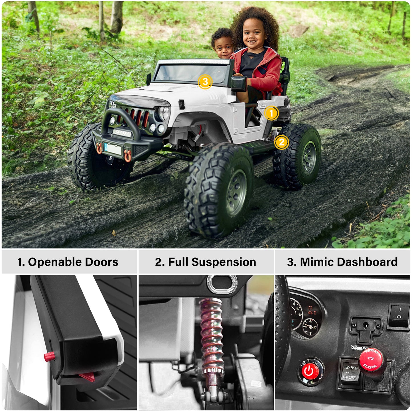 Lifted Monster Jeep with Remote Control, Leather Seat and Rubber Tires Classic 2 Seater 12V/24V