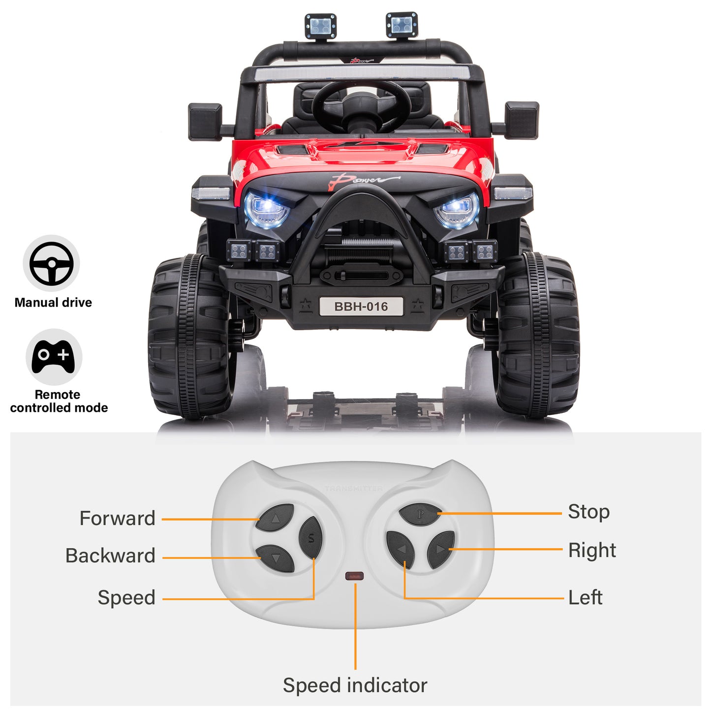 Jeep with Angry Face Grill 12V Kids Ride On Car Toy with Open Doors, Realistic Lights and Remote Control
