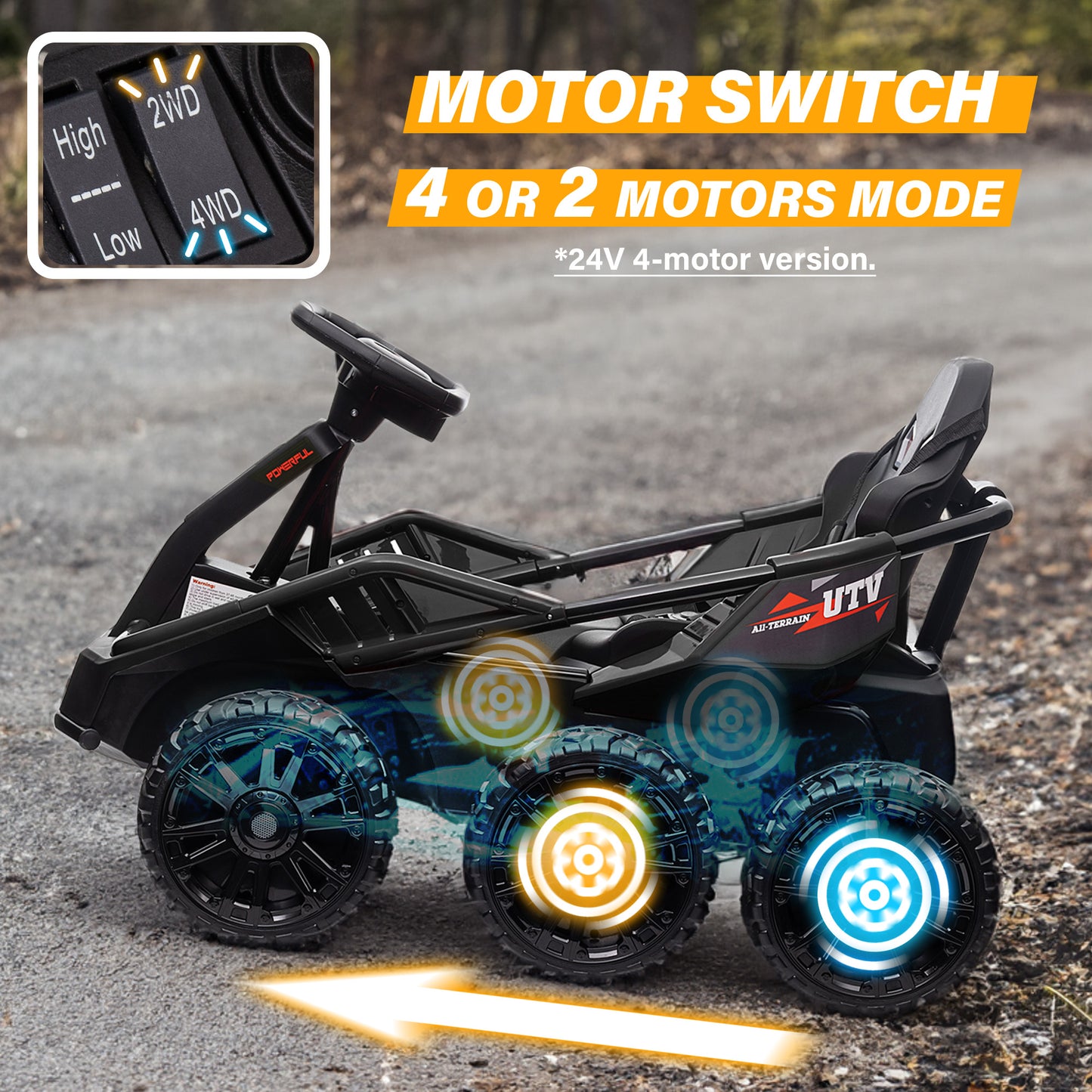 6 Wheel UTV 24V/12V Ride on Car with Remote Control, 4WD/2WD, EVA Tires