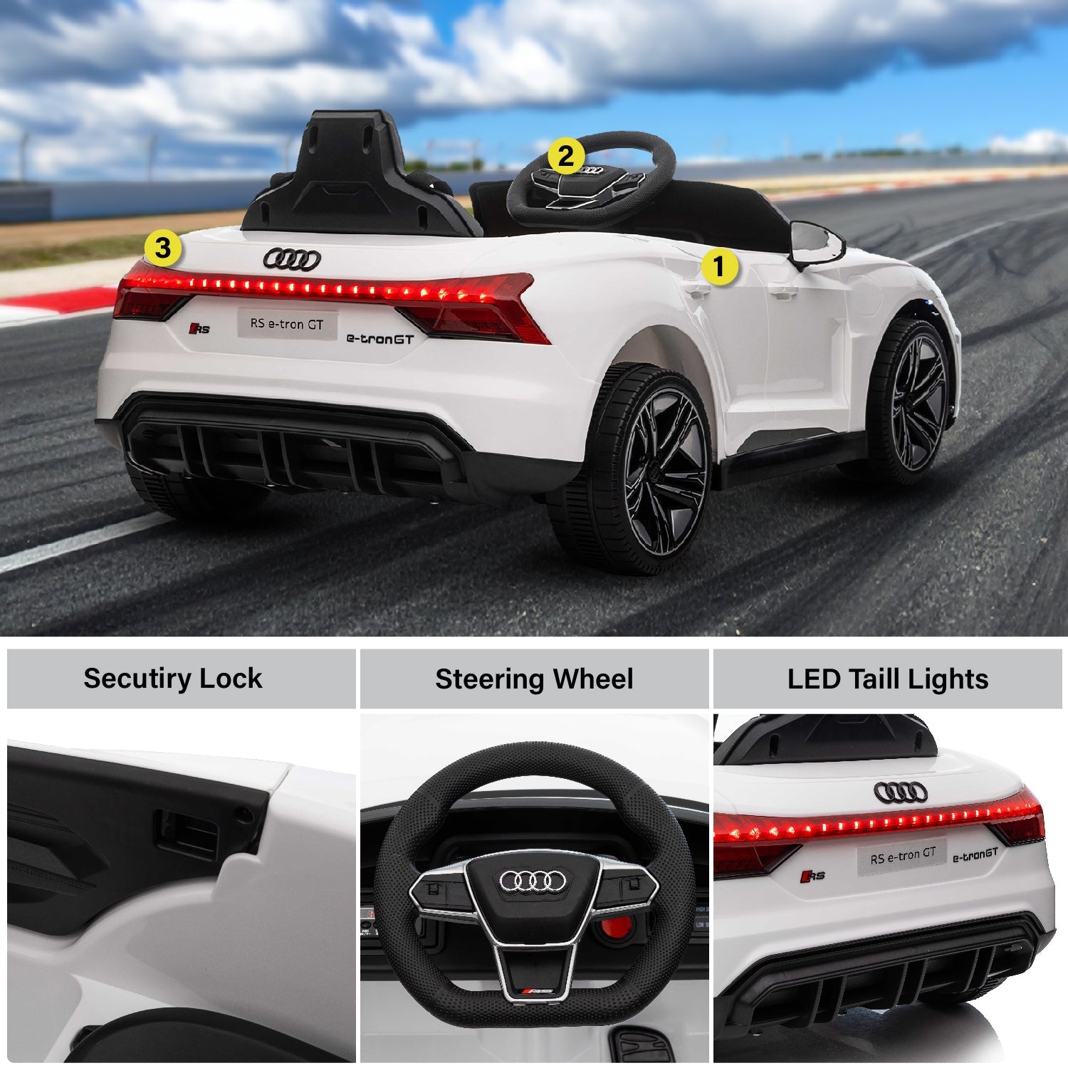 Kids electric Audi car dashboard with steering wheel and music buttons