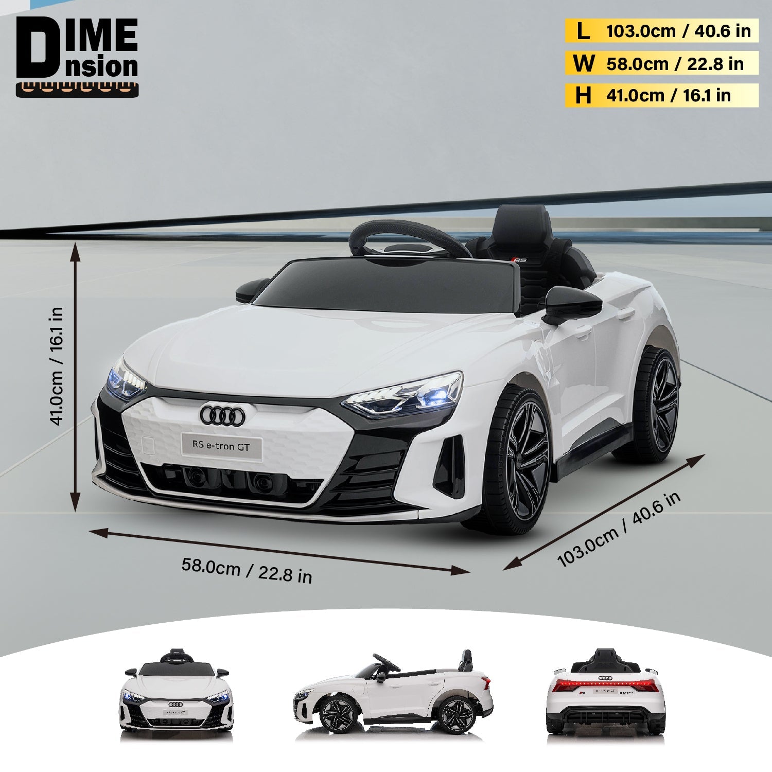 Shock-absorbing wheels on 12V Audi RS e-tron GT kids ride-on car