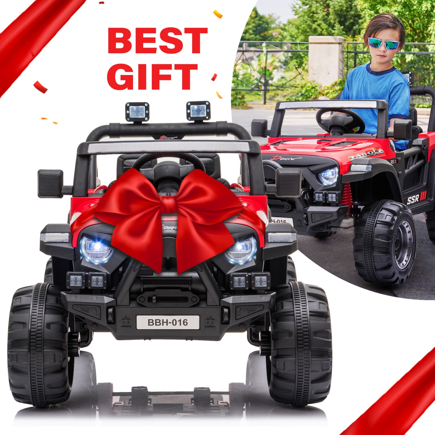 Jeep with Angry Face Grill 12V Kids Ride On Car Toy with Open Doors, Realistic Lights and Remote Control
