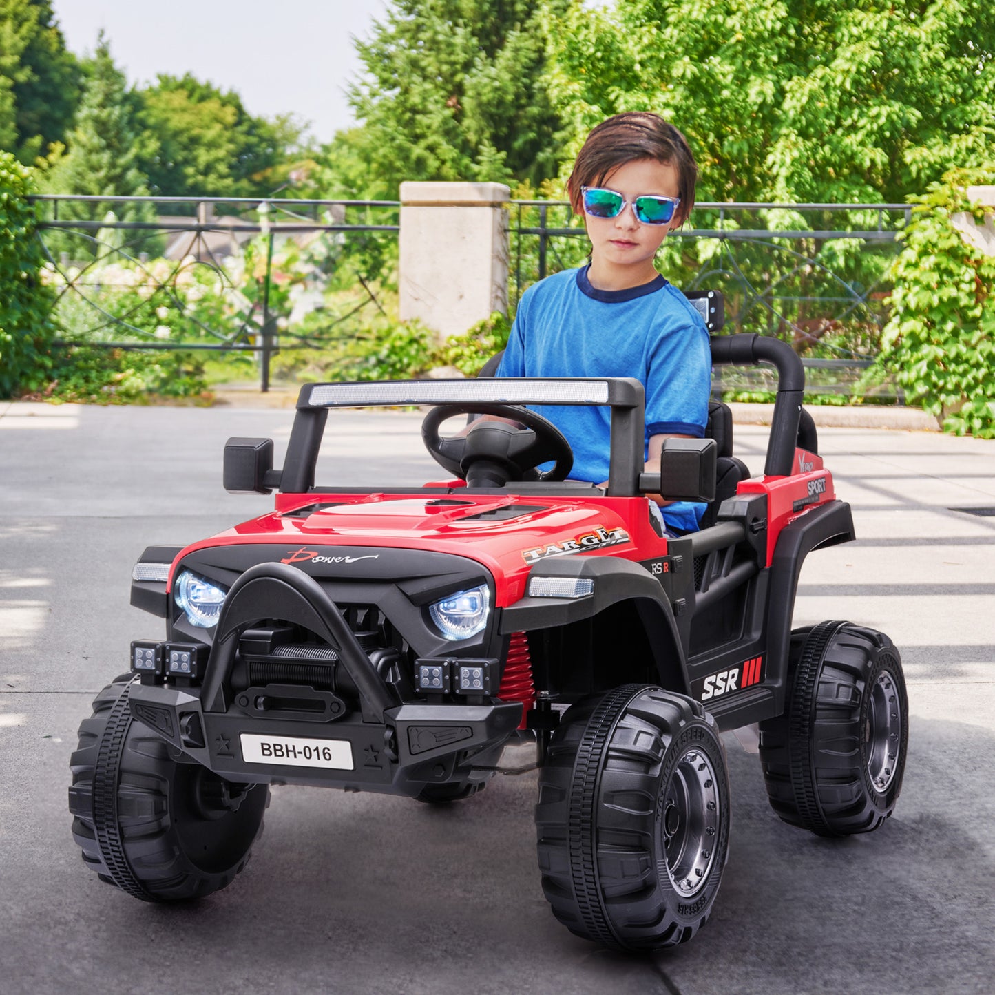 Jeep with Angry Face Grill 12V Kids Ride On Car Toy with Open Doors, Realistic Lights and Remote Control
