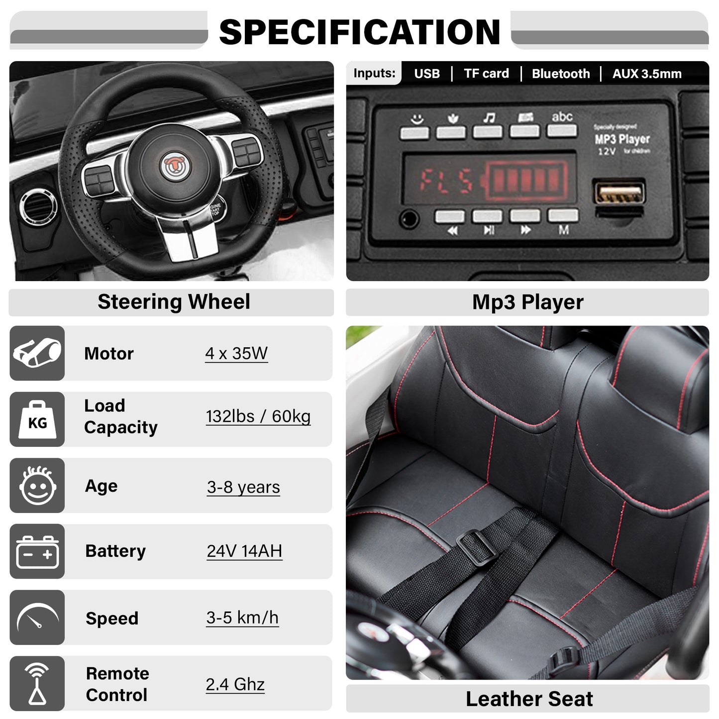 Lifted Monster Jeep with Remote Control, Leather Seat and Rubber Tires Classic 2 Seater 12V/24V