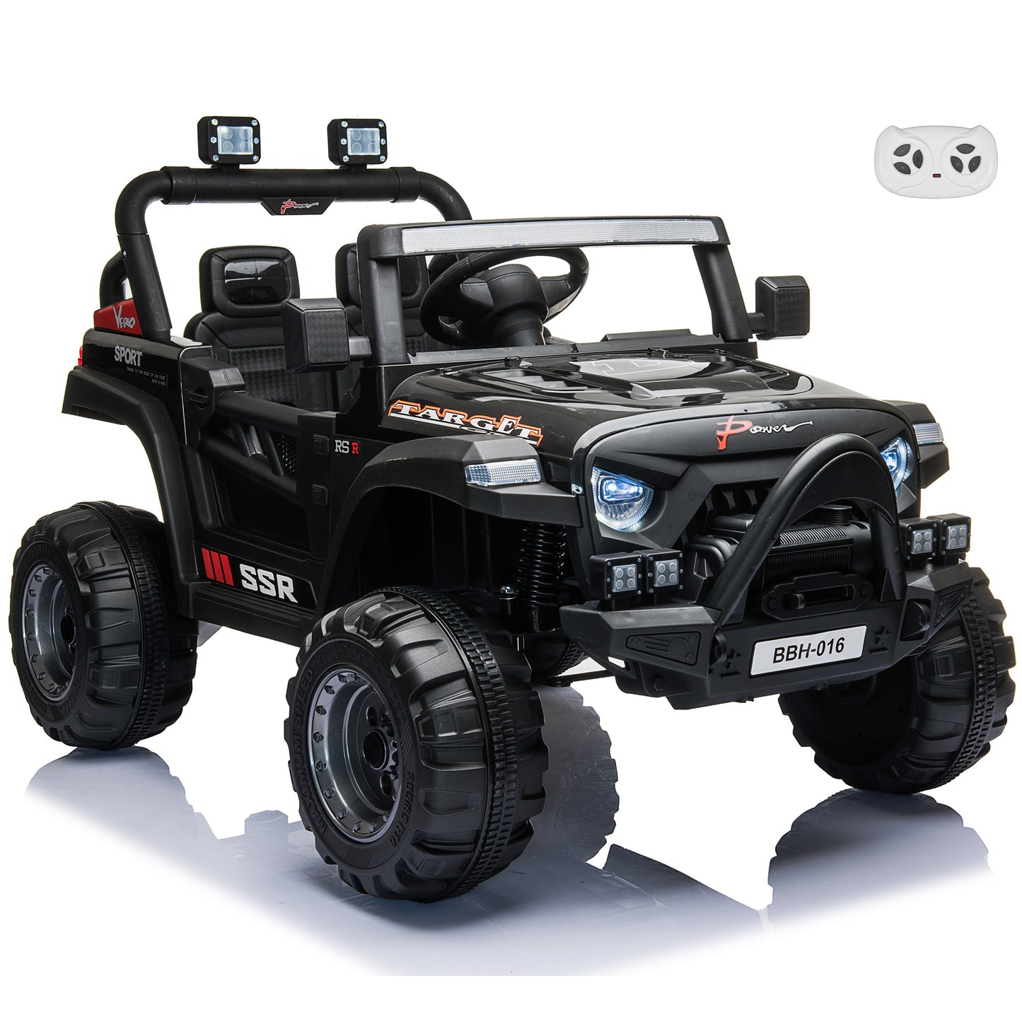 Jeep with Angry Face Grill 12V Kids Ride On Car Toy with Open Doors, Realistic Lights and Remote Control