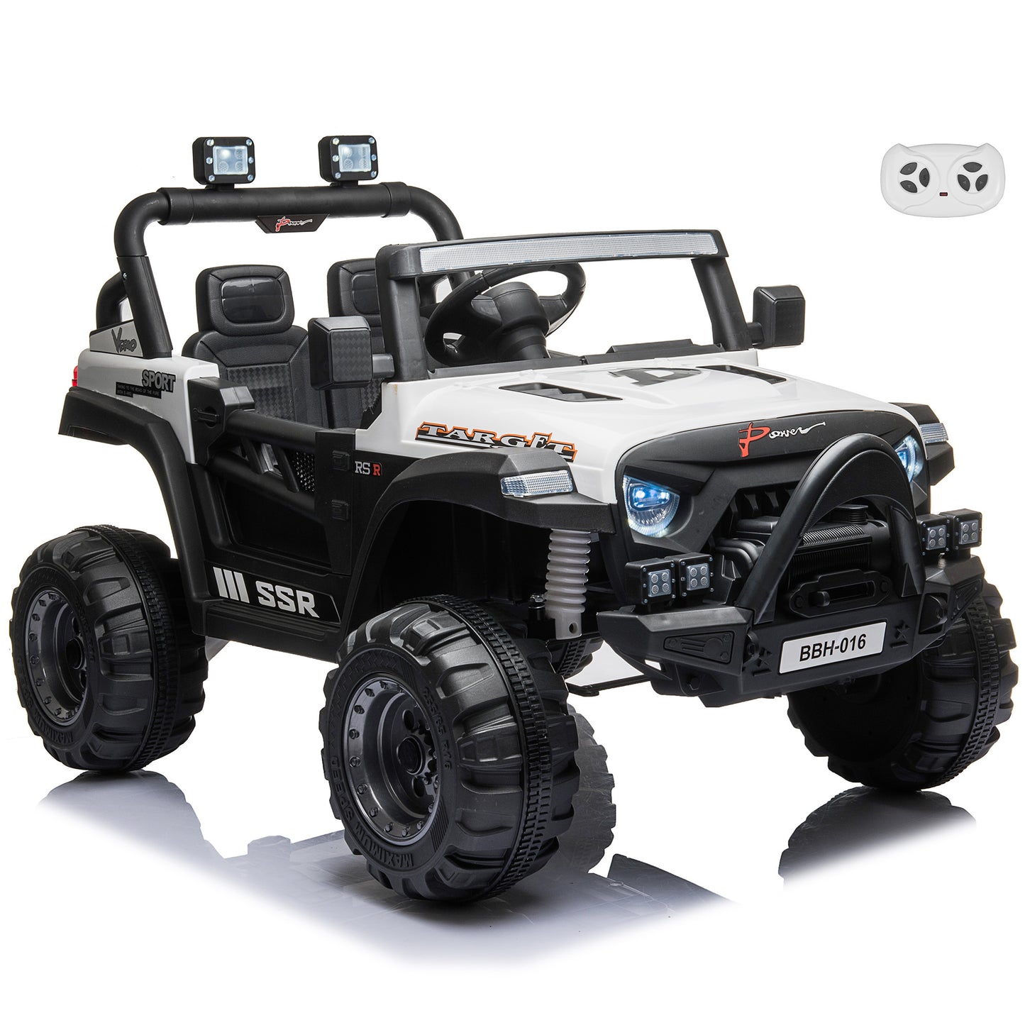 Jeep with Angry Face Grill 12V Kids Ride On Car Toy with Open Doors, Realistic Lights and Remote Control