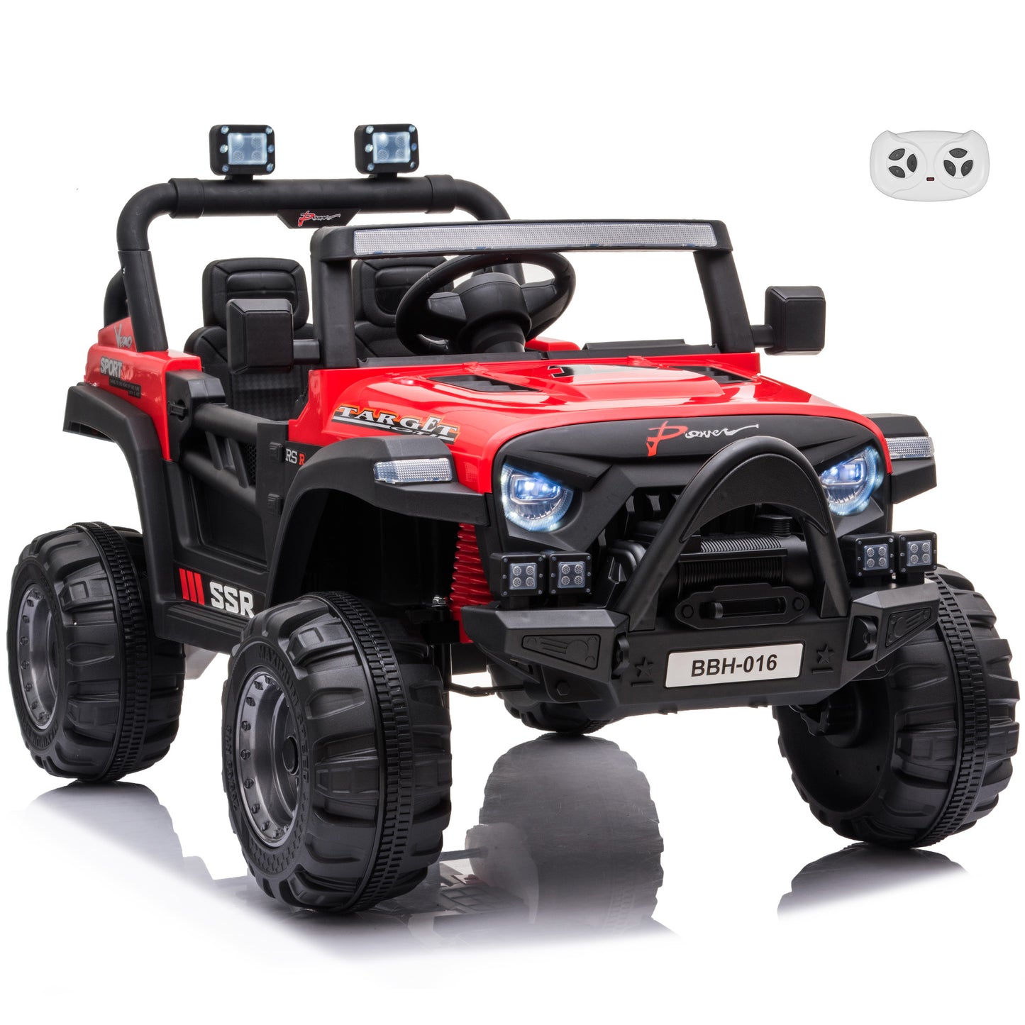 Jeep with Angry Face Grill 12V Kids Ride On Car Toy with Open Doors, Realistic Lights and Remote Control