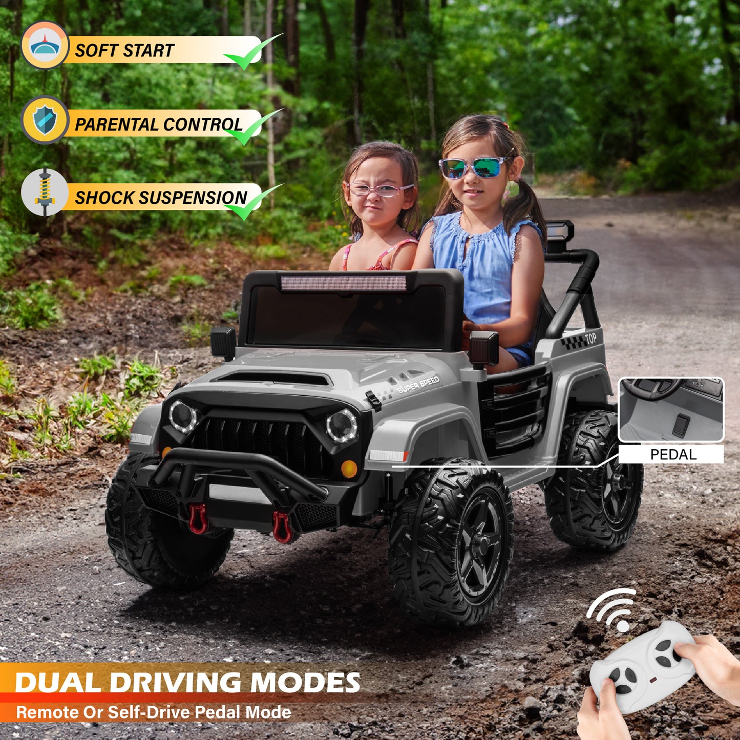 HAVOC 2 Seater Jeep 12V/24V Kids Ride On Car Toy with Open Doors, Realistic Lights and Remote Control