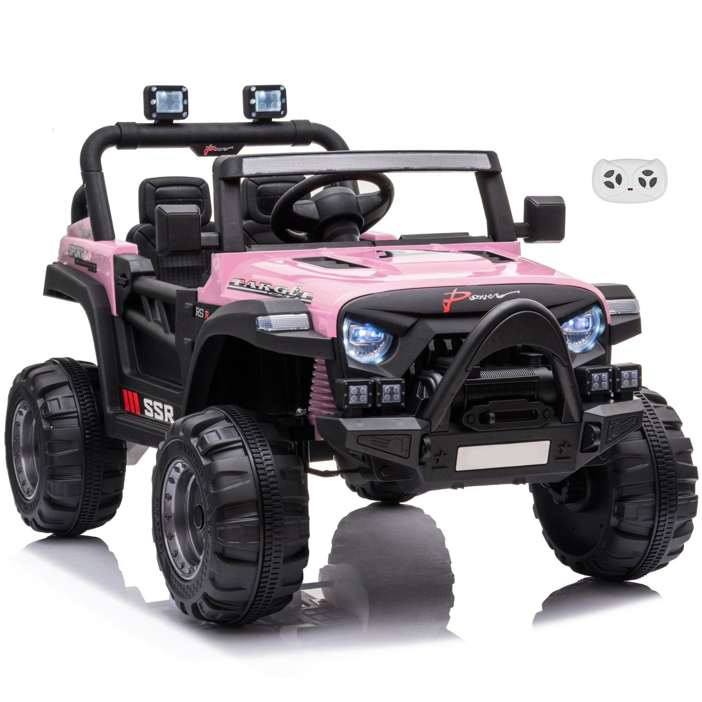 Jeep with Angry Face Grill 12V Kids Ride On Car Toy with Open Doors, Realistic Lights and Remote Control