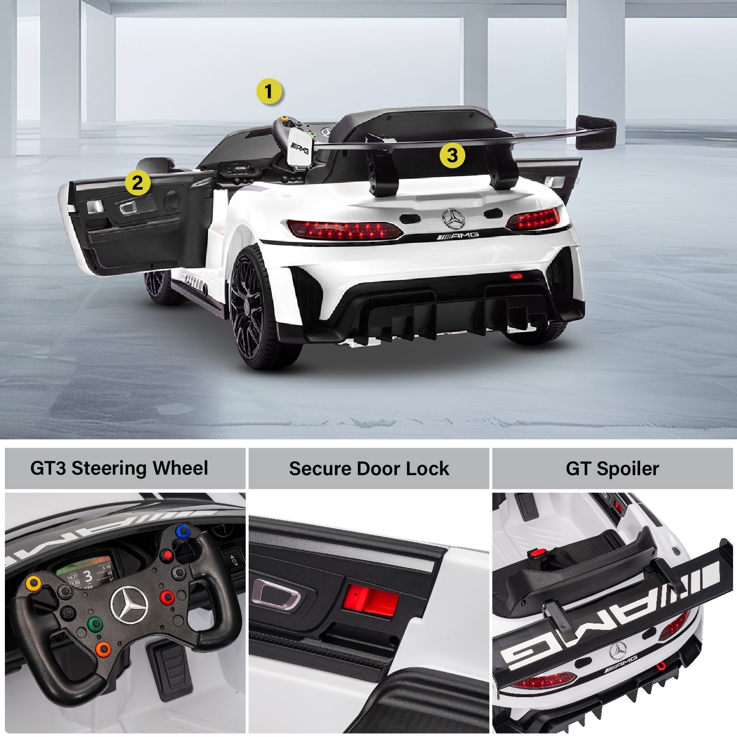 Ride-on car with openable doors and racecar spoiler