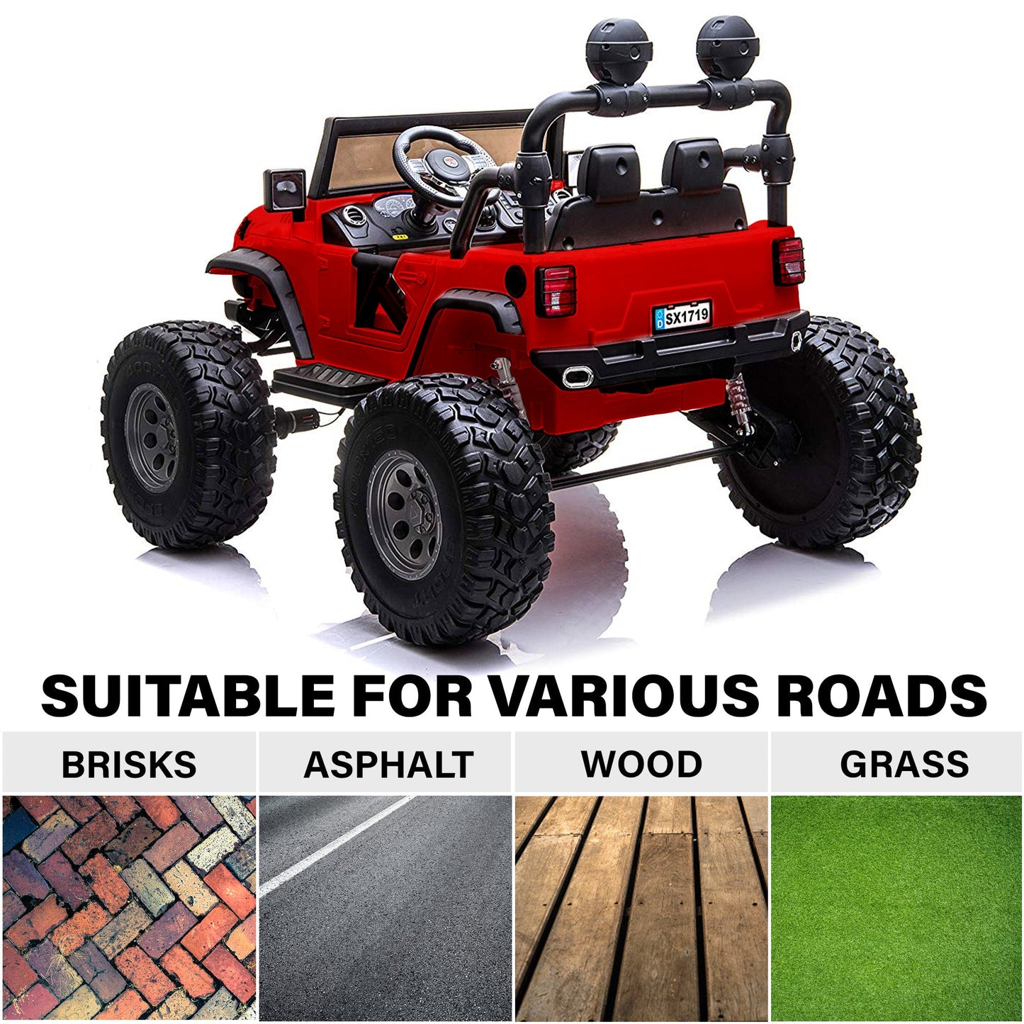 Lifted Monster Jeep with Remote Control, Leather Seat and Rubber Tires Classic 2 Seater 12V/24V