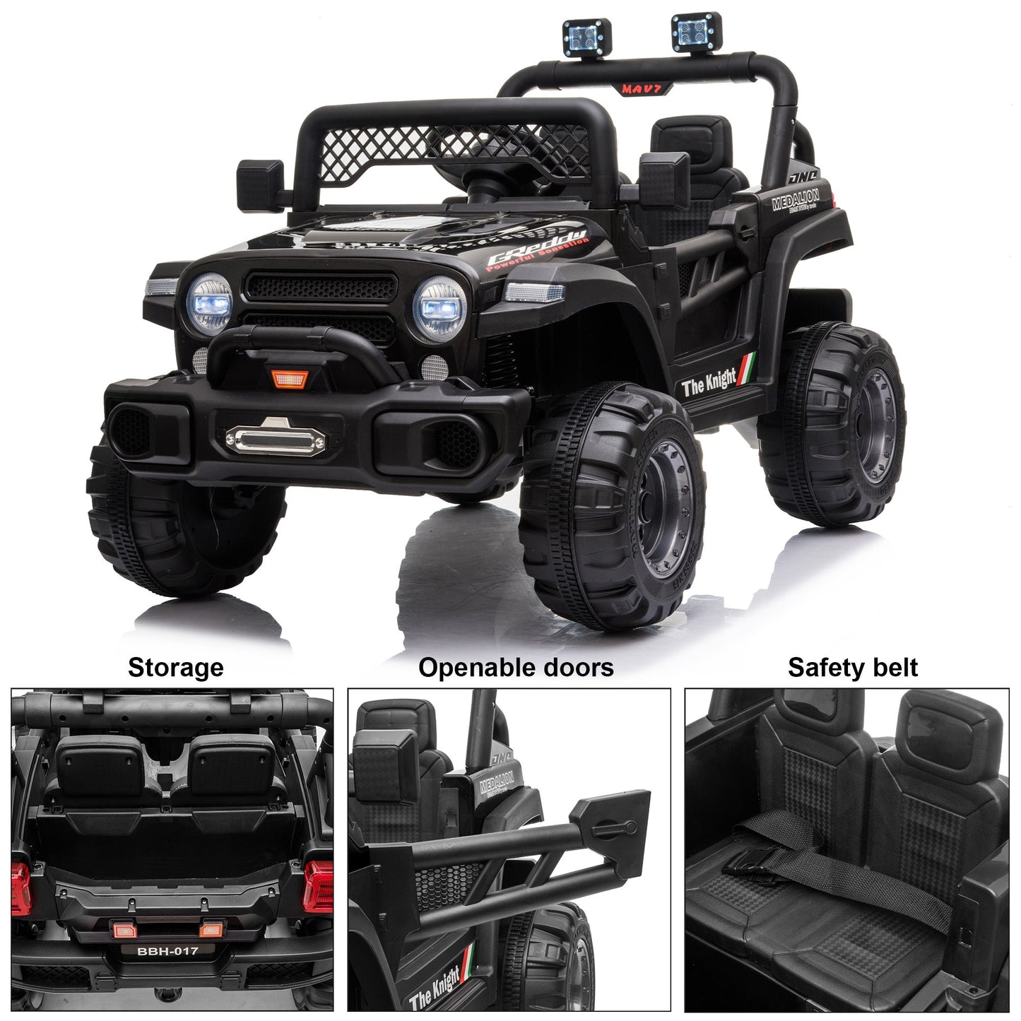 Jeep 12V Kids Ride On Car Toy with Open Doors, Realistic Lights and Remote Control