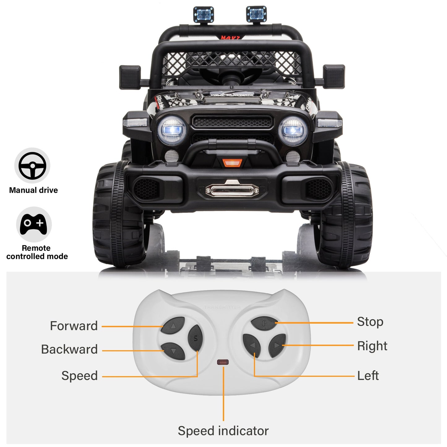 Jeep 12V Kids Ride On Car Toy with Open Doors, Realistic Lights and Remote Control