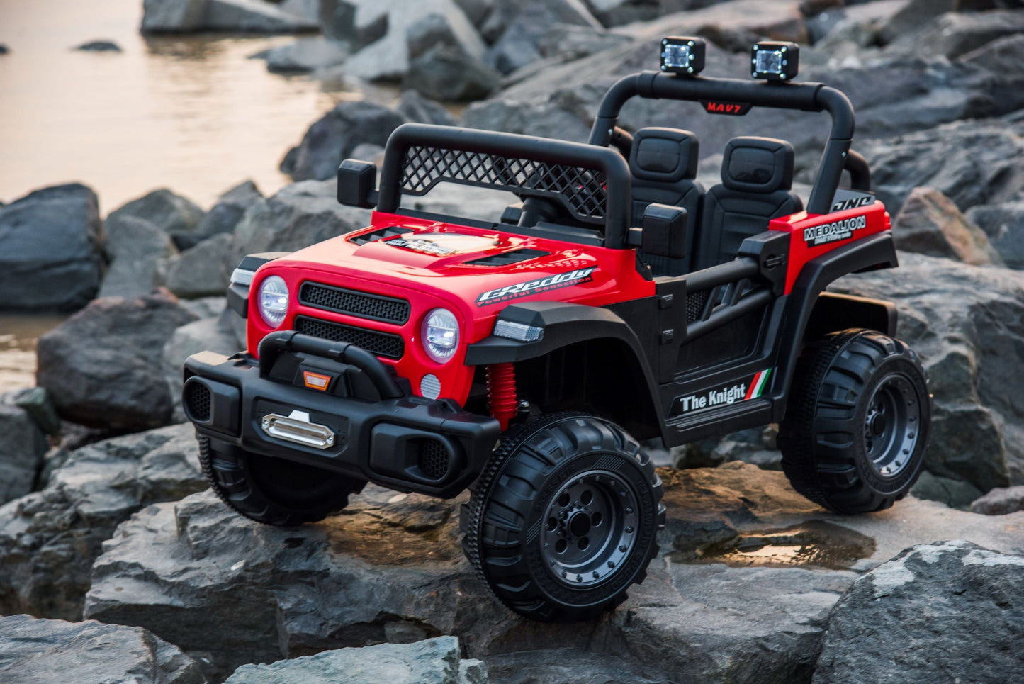 Jeep 12V Kids Ride On Car Toy with Open Doors, Realistic Lights and Remote Control