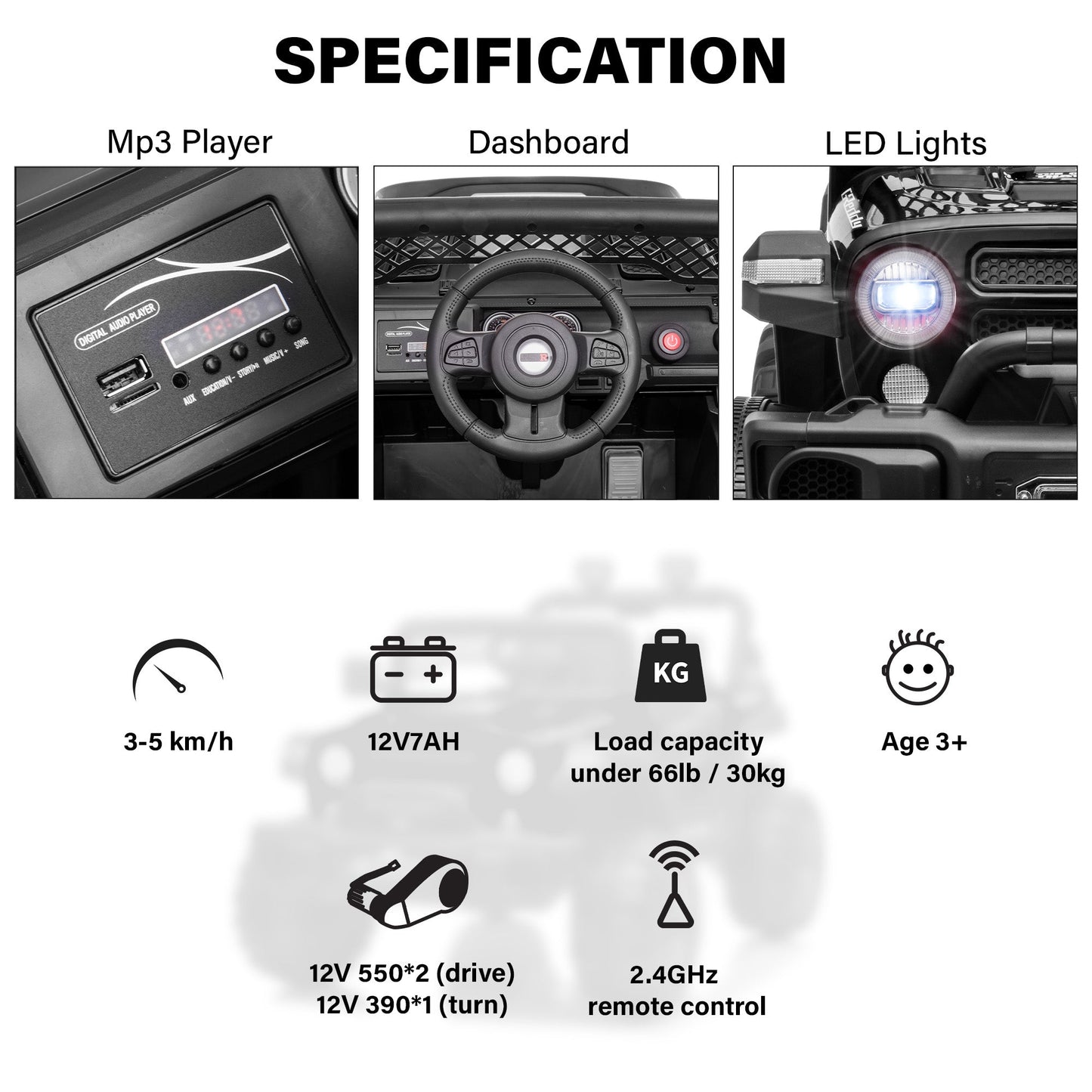 Jeep 12V Kids Ride On Car Toy with Open Doors, Realistic Lights and Remote Control