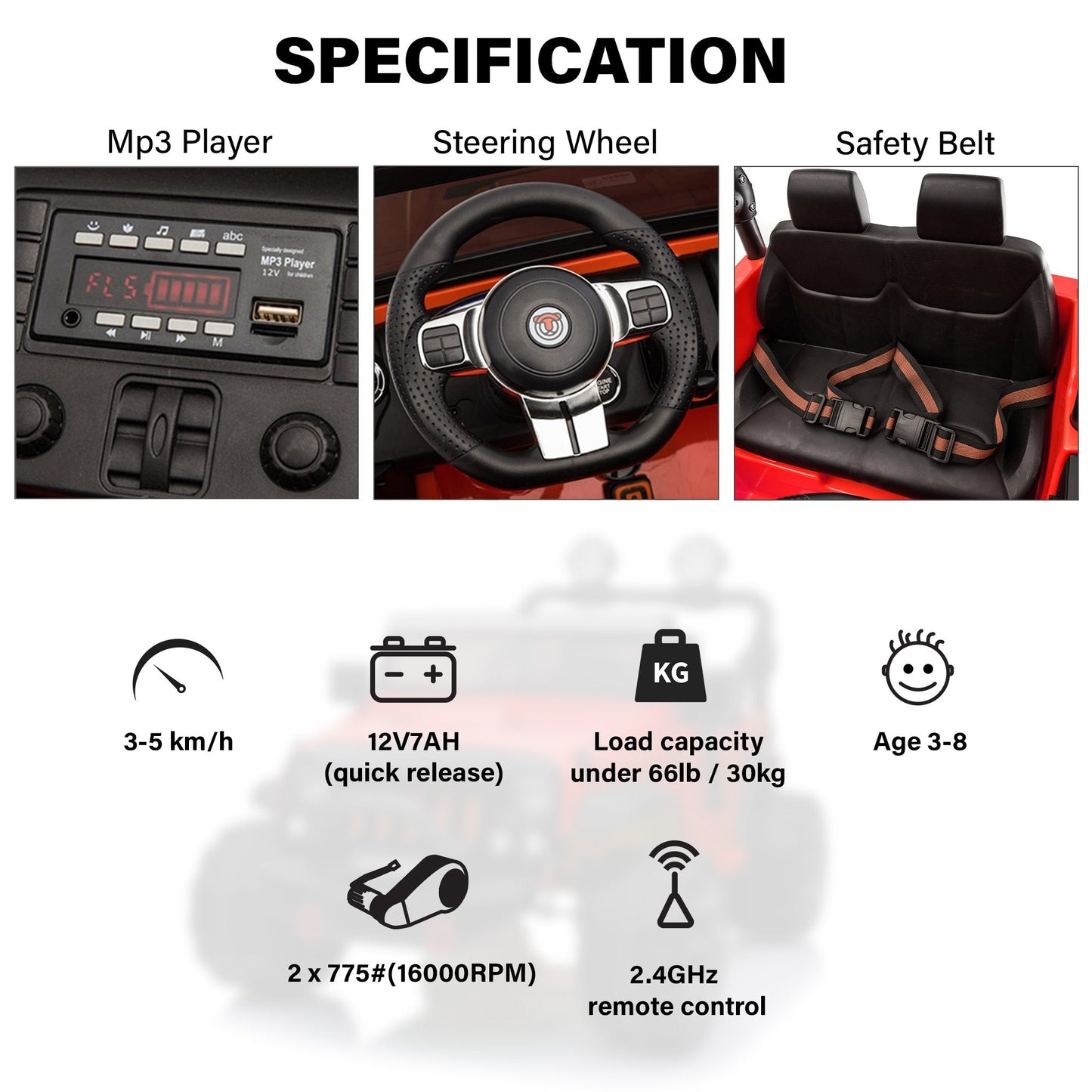 Jeep Wrangler 12V & 24V 2 Seater Classic Ride on Car Toy with Remote Control and MP3 Player