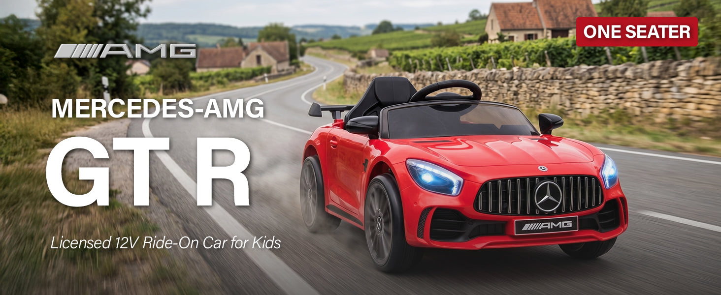 12V Mercedes-Benz AMG GT R kids ride on car with one seat, parental remote control and music player