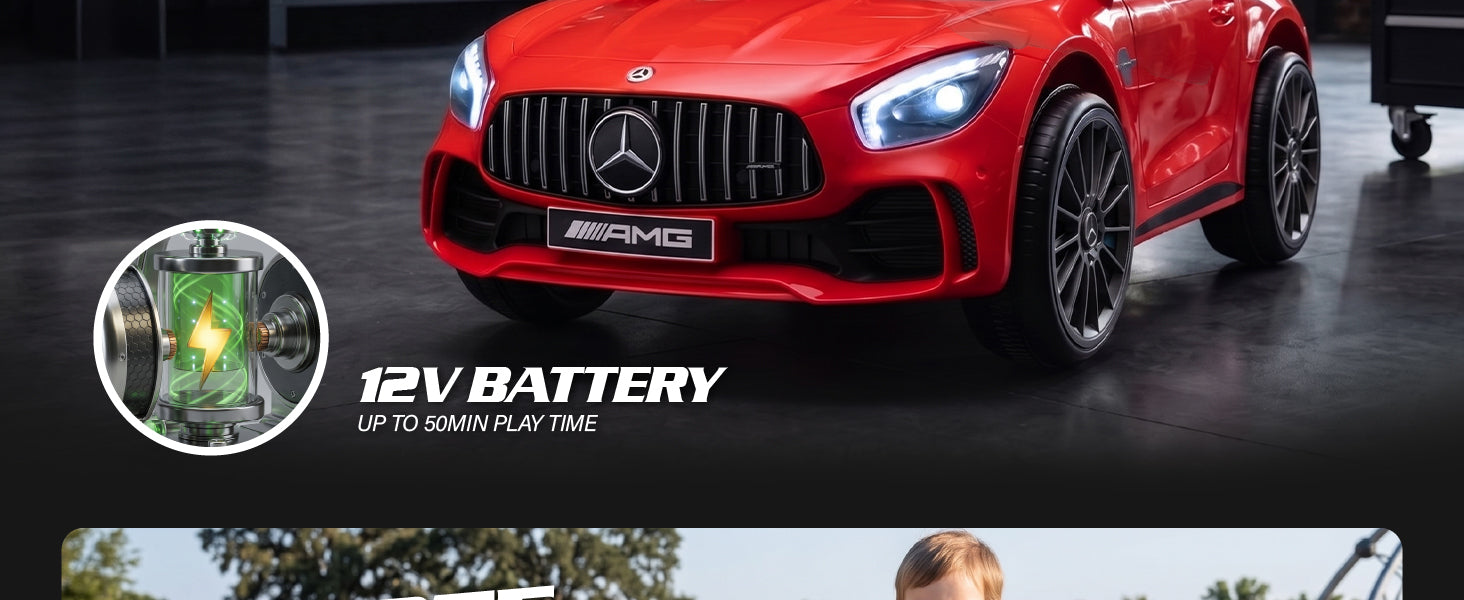 12V Mercedes-Benz AMG GT R electric ride on car with battery providing up to 50 minutes of playtime