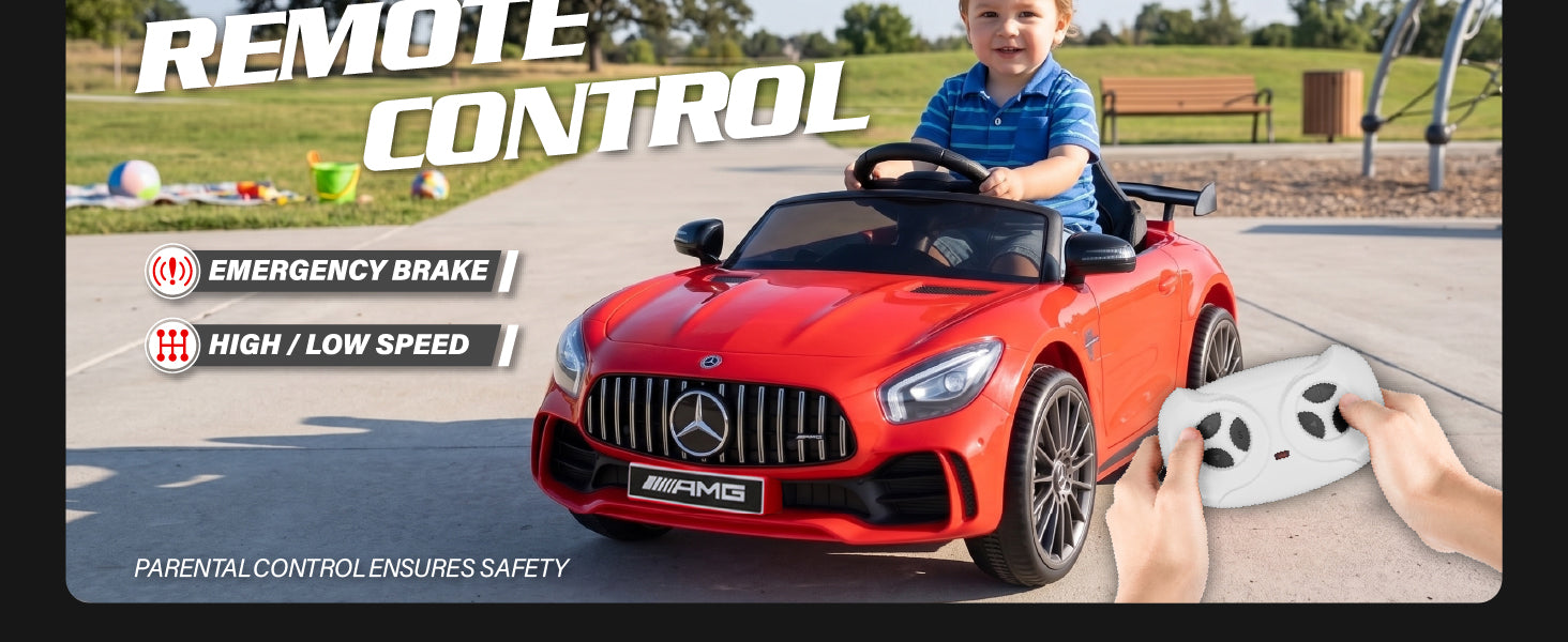 Mercedes-Benz AMG GT R kids ride on car with parental remote control, emergency brake and speed control