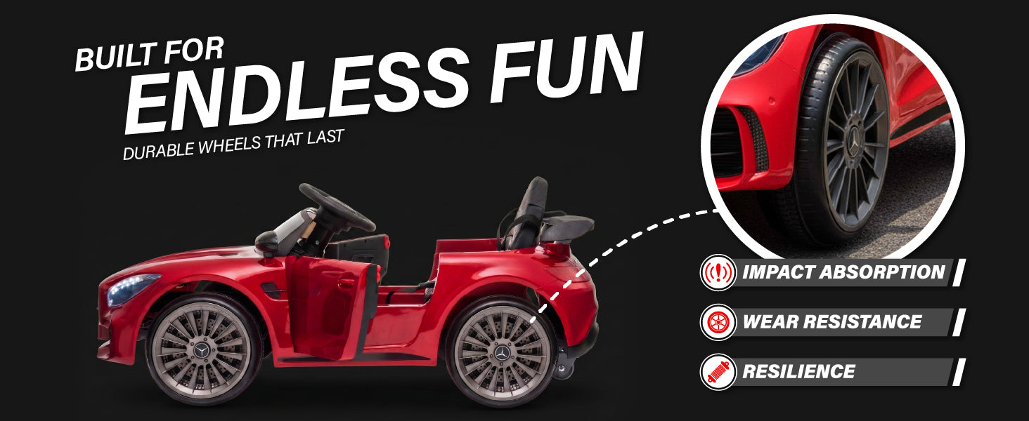 Mercedes-Benz AMG GT R kids electric car with durable impact-resistant wheels for outdoor riding