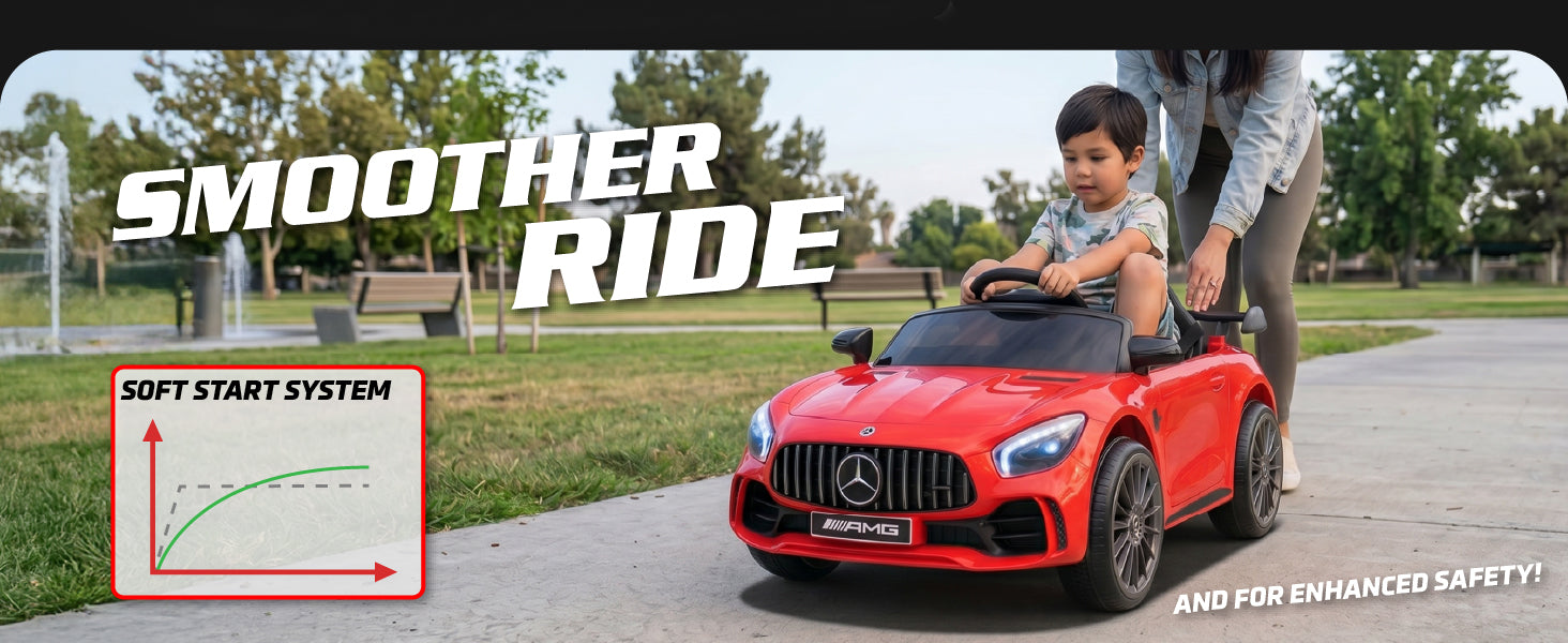 Mercedes-Benz AMG GT R kids ride on car with soft start system for smoother acceleration and safer driving