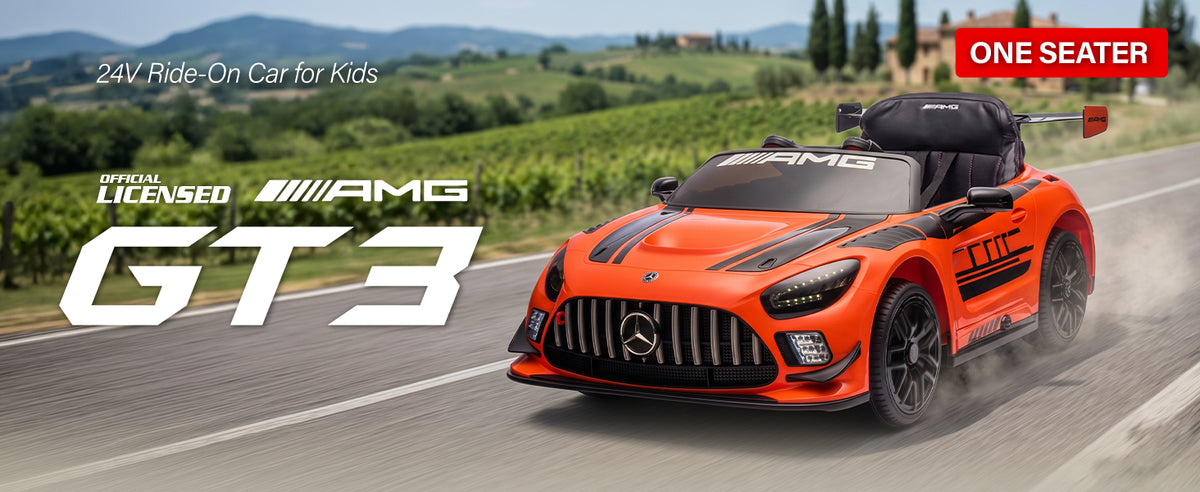 Officially licensed Mercedes-AMG GT3 24V single-seat kids ride-on car in orange