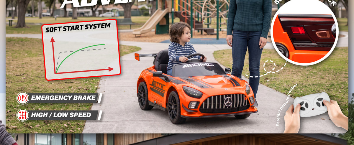 Child driving the Mercedes-AMG GT3 ride-on car with soft start, remote control and secure door locks