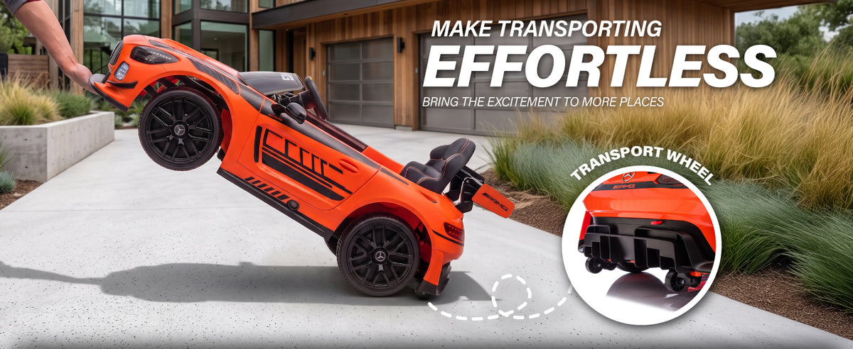 Built-in transport wheels for easily moving the Mercedes-AMG GT3 kids ride-on car