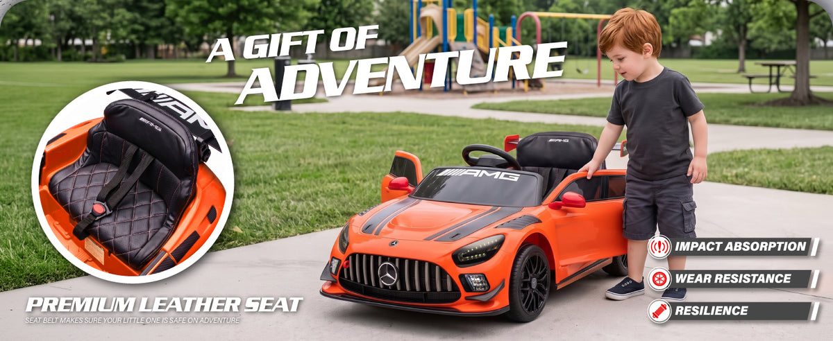 Mercedes-AMG GT3 kids ride-on car with leather seat, safety belt and durable wheels