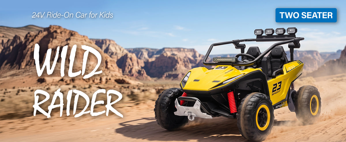 Yellow Wild Raider 24V two-seater kids electric ride-on UTV for off-road adventures