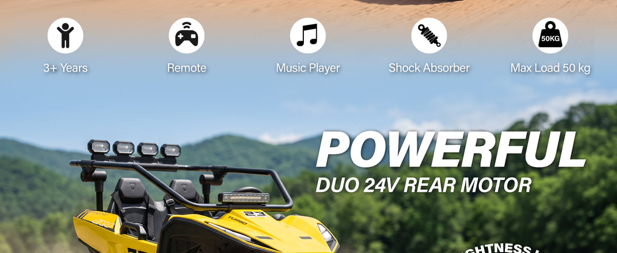 Wild Raider kids ride-on UTV with dual rear motors, remote control, music player and shock absorbers