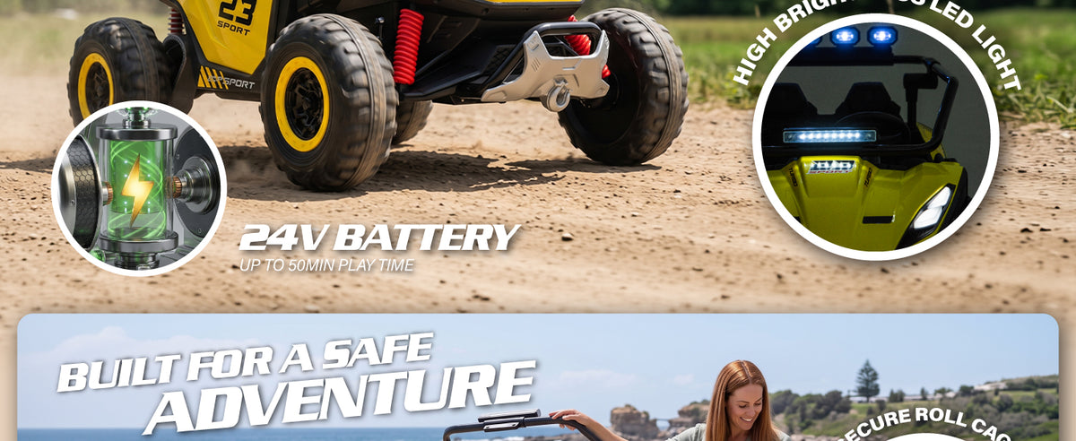 24V kids ride-on UTV with bright LED lights and up to 50 minutes of playtime