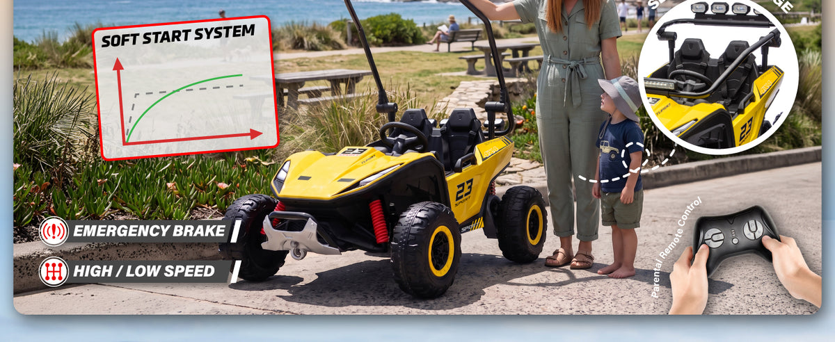 Wild Raider ride-on UTV with soft start, parental remote control, emergency brake and roll cage