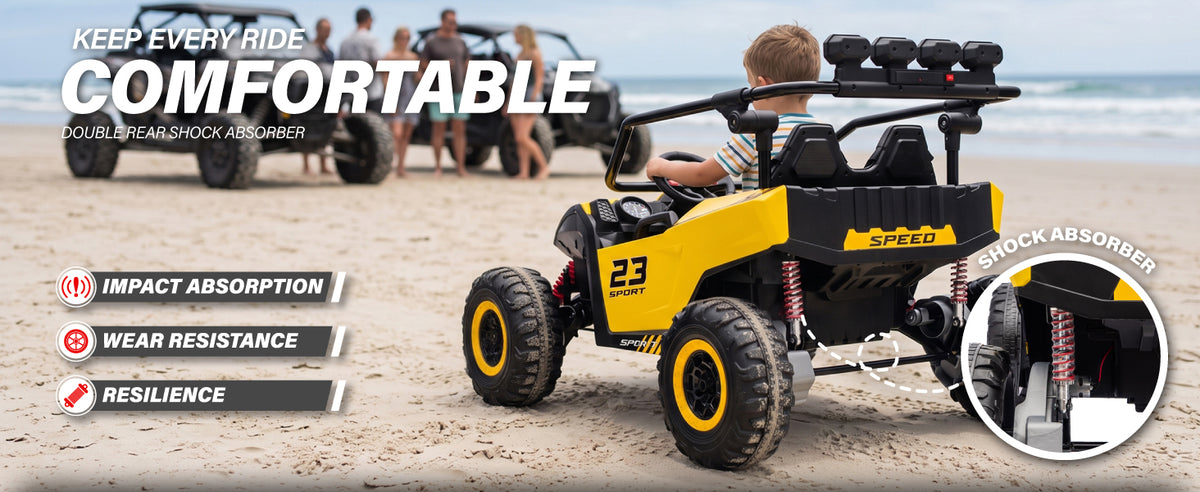 Kids electric UTV with dual rear shock absorbers and durable all-terrain wheels
