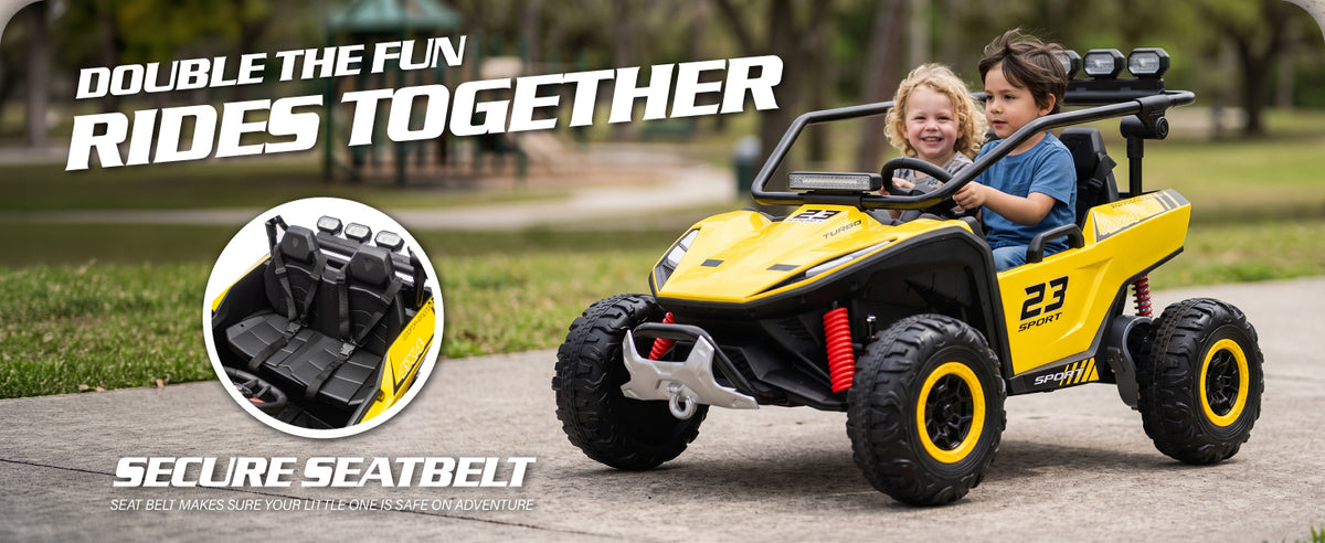 Two children riding the Wild Raider UTV with individual safety belts and spacious seating