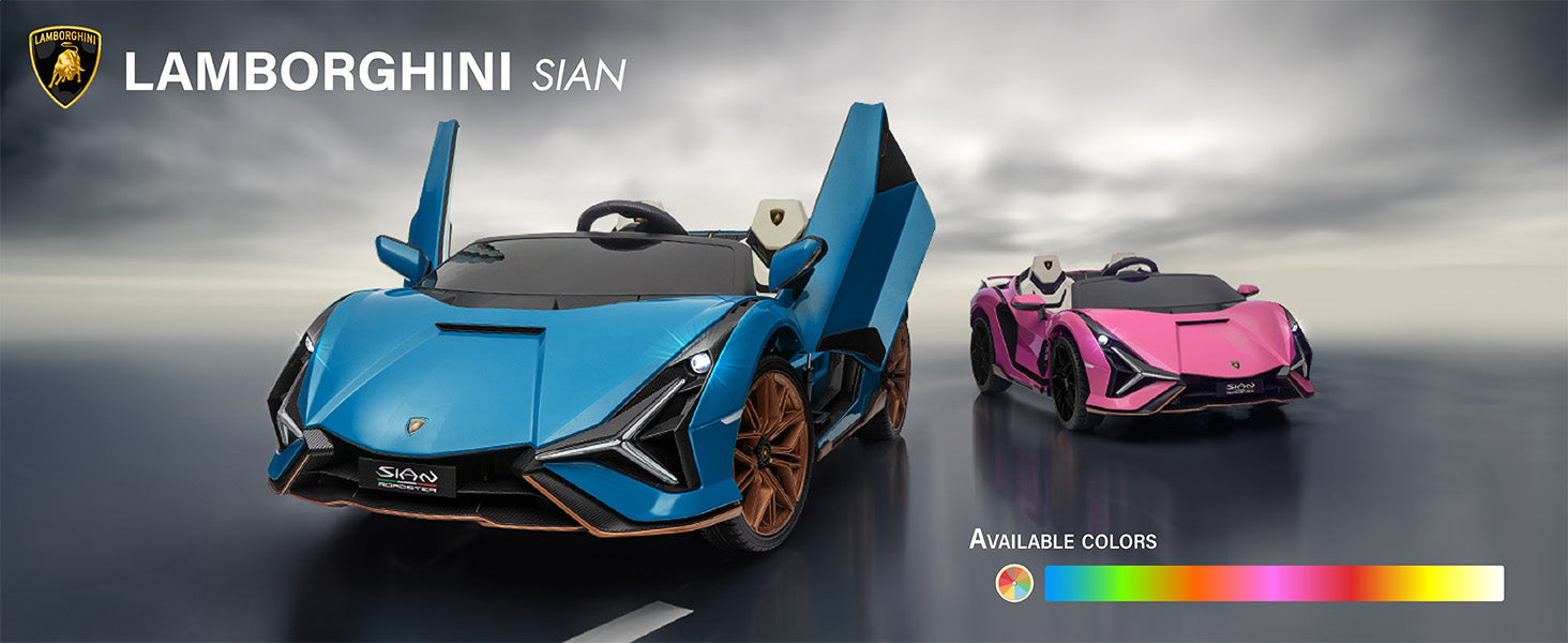 Lamborghini Sian kids ride-on car in blue and pink with scissor doors