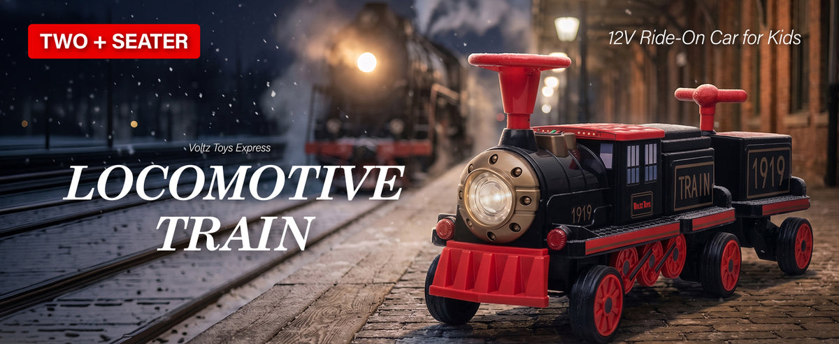Voltz Toys 12V electric ride-on locomotive train with a passenger carriage