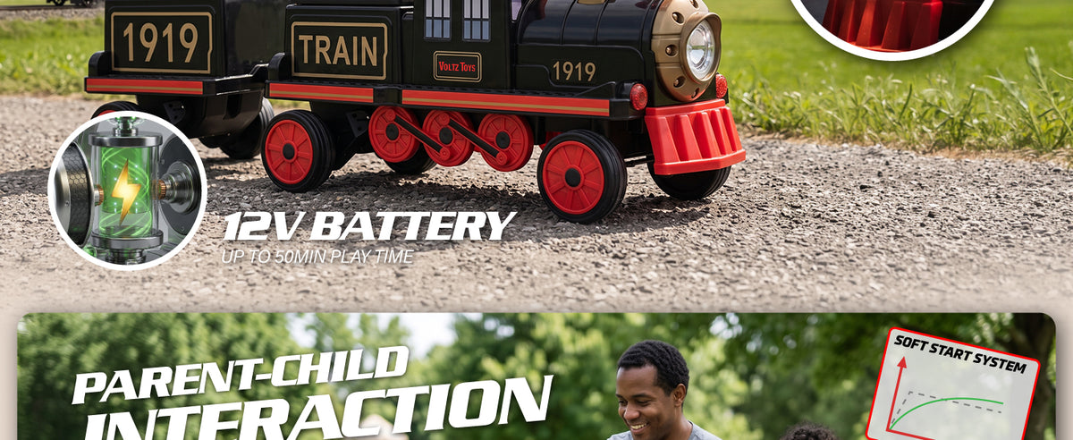 Ride-on locomotive train with 12V battery, soft start and up to 50 minutes of playtime