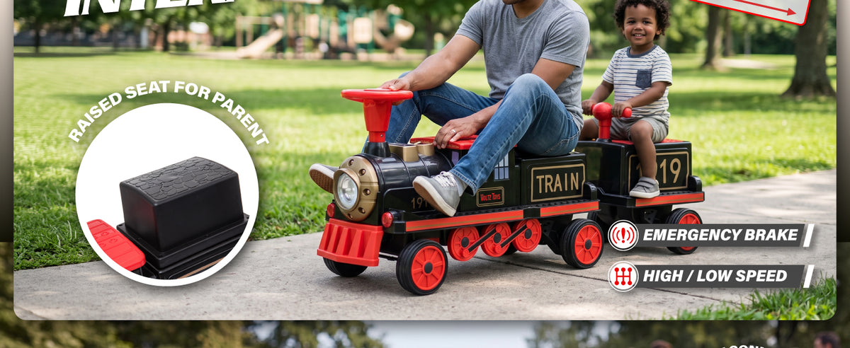 Parent and child riding the electric locomotive train with emergency brake and speed settings