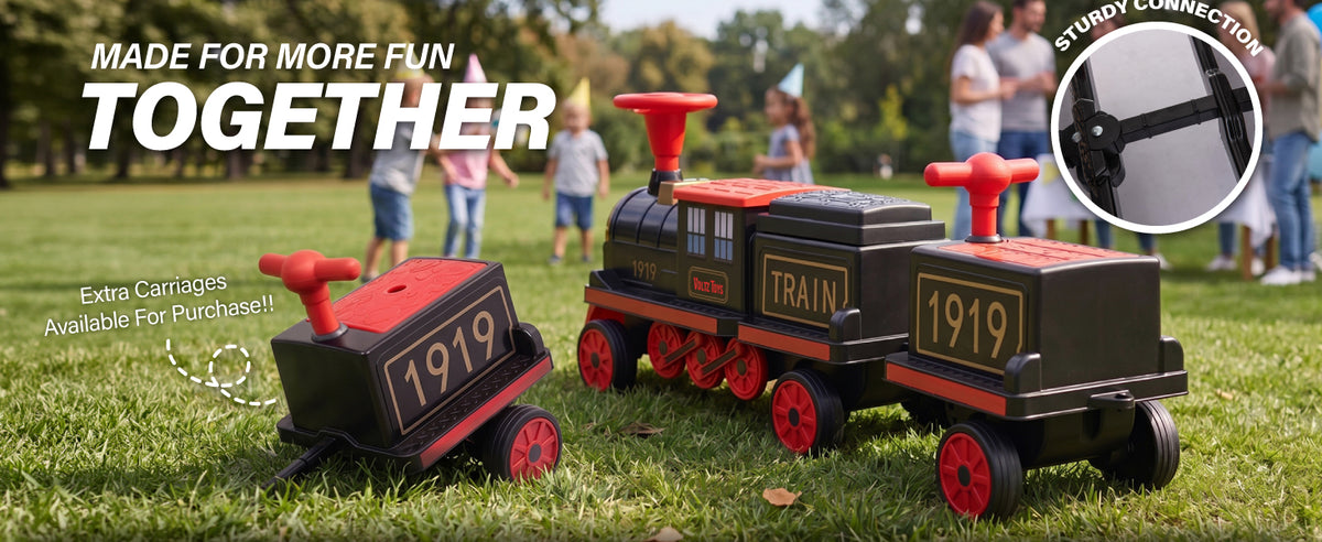 Electric ride-on locomotive train with detachable passenger carriages and sturdy connectors