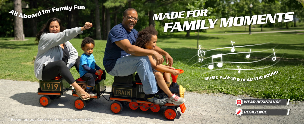 Family riding the electric locomotive train with music player and durable wheels