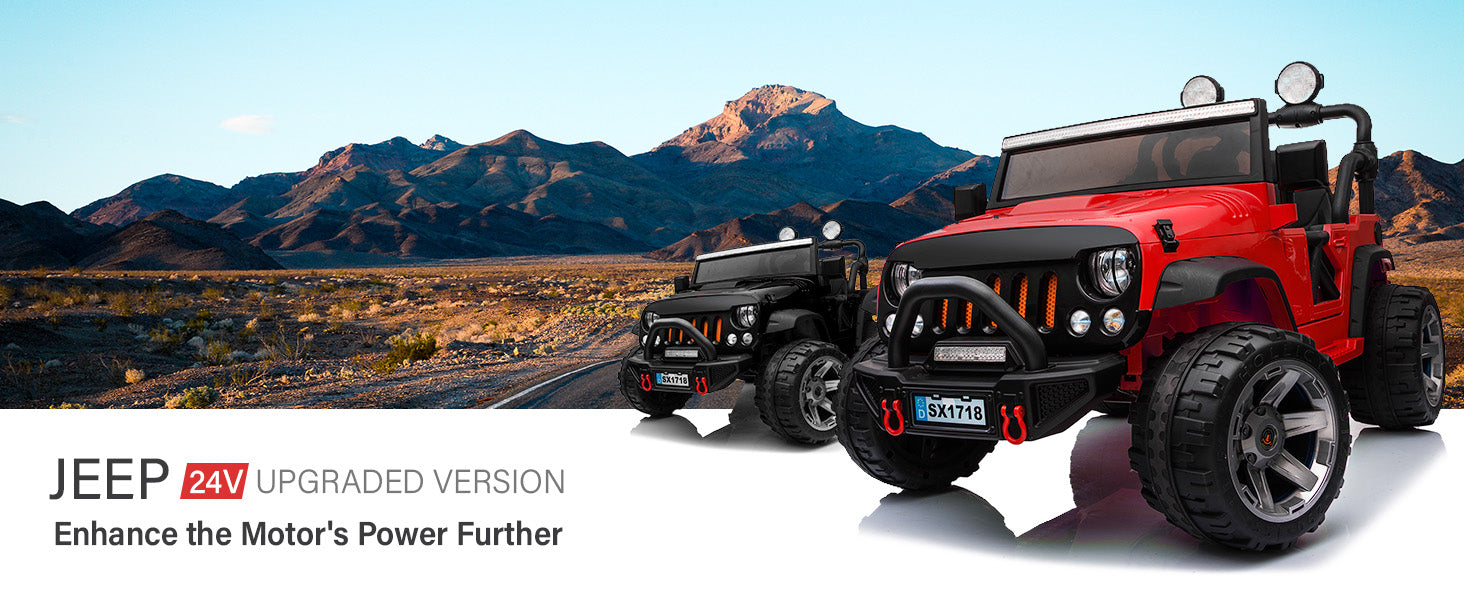 Red and black upgraded 24V two-seater kids ride-on Jeeps in an off-road setting