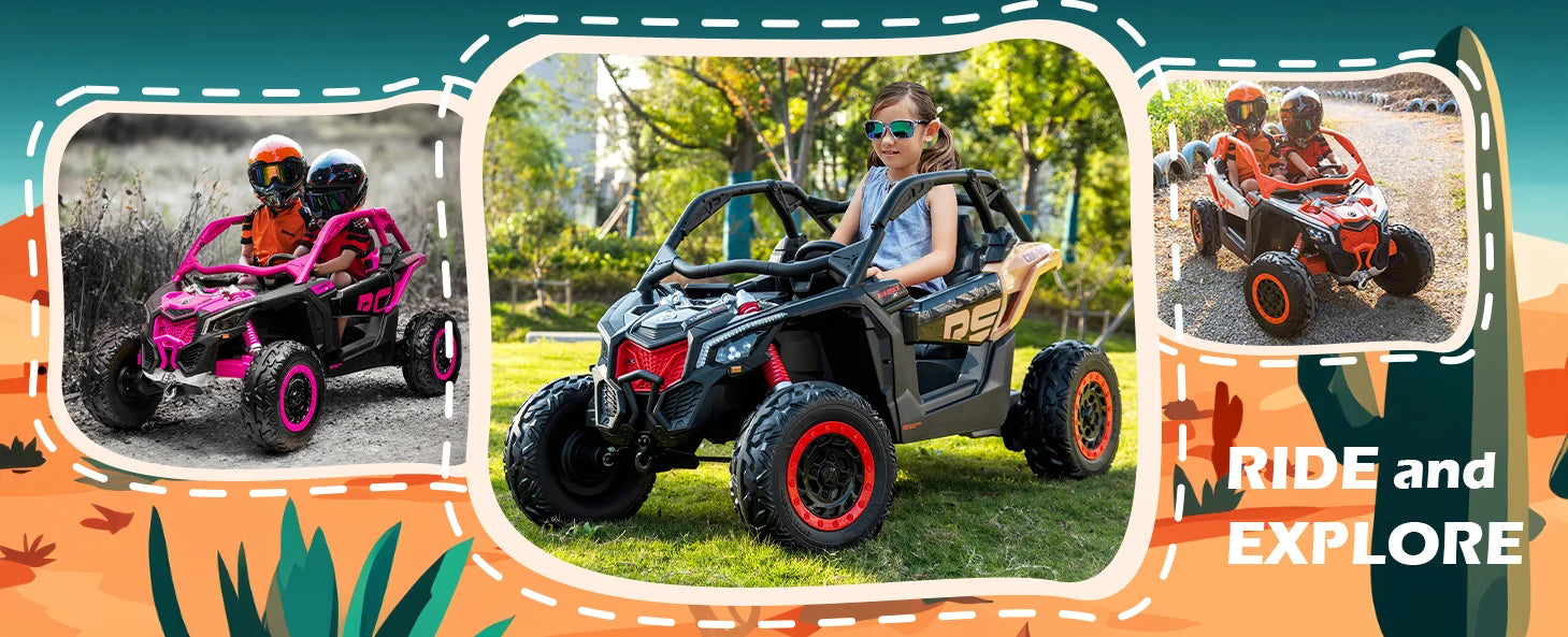 Children exploring outdoors in colourful 24V two-seater kids ride-on UTV buggies