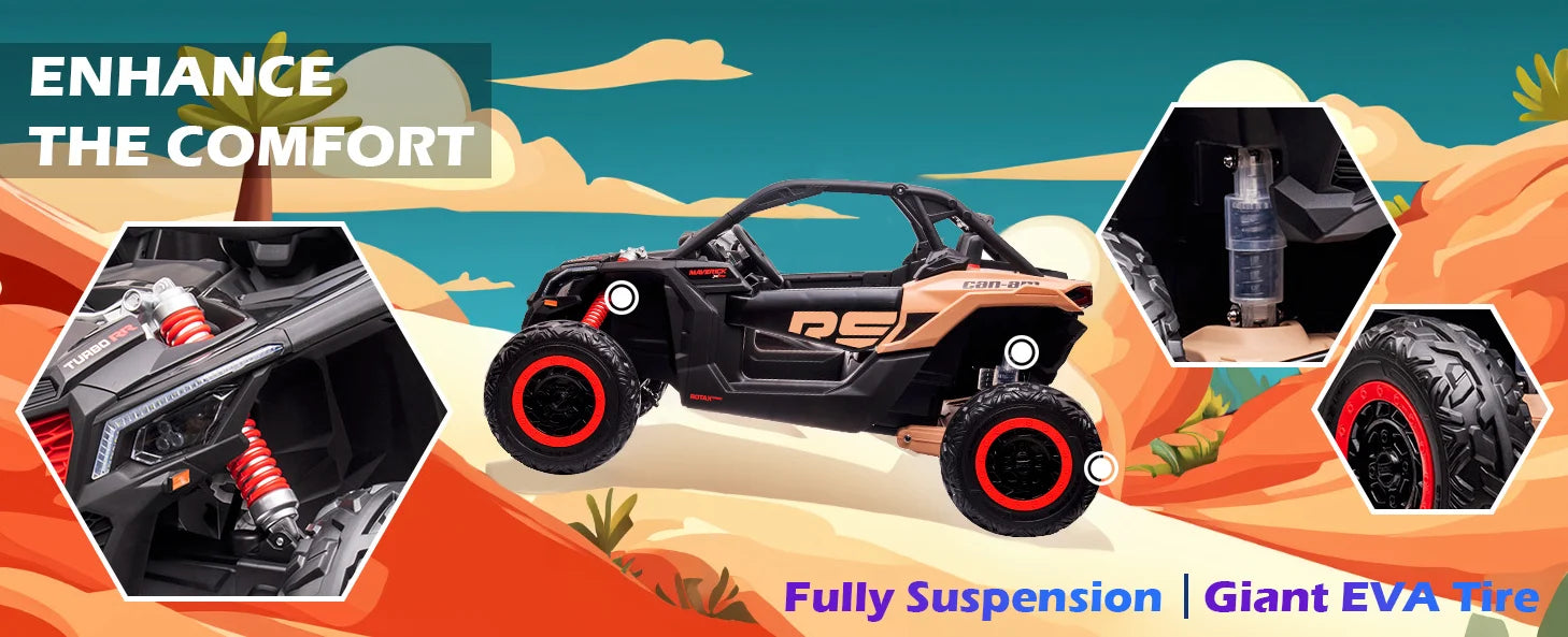 24V kids ride-on UTV with full suspension and large EVA tires for improved comfort