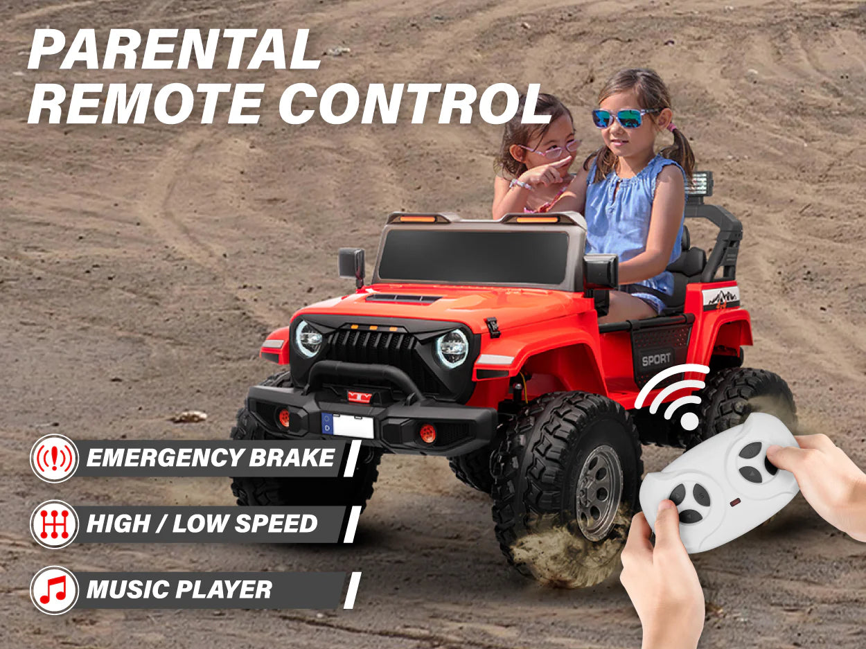 Two children riding a 24V electric Jeep with parental remote control, emergency brake and speed settings
