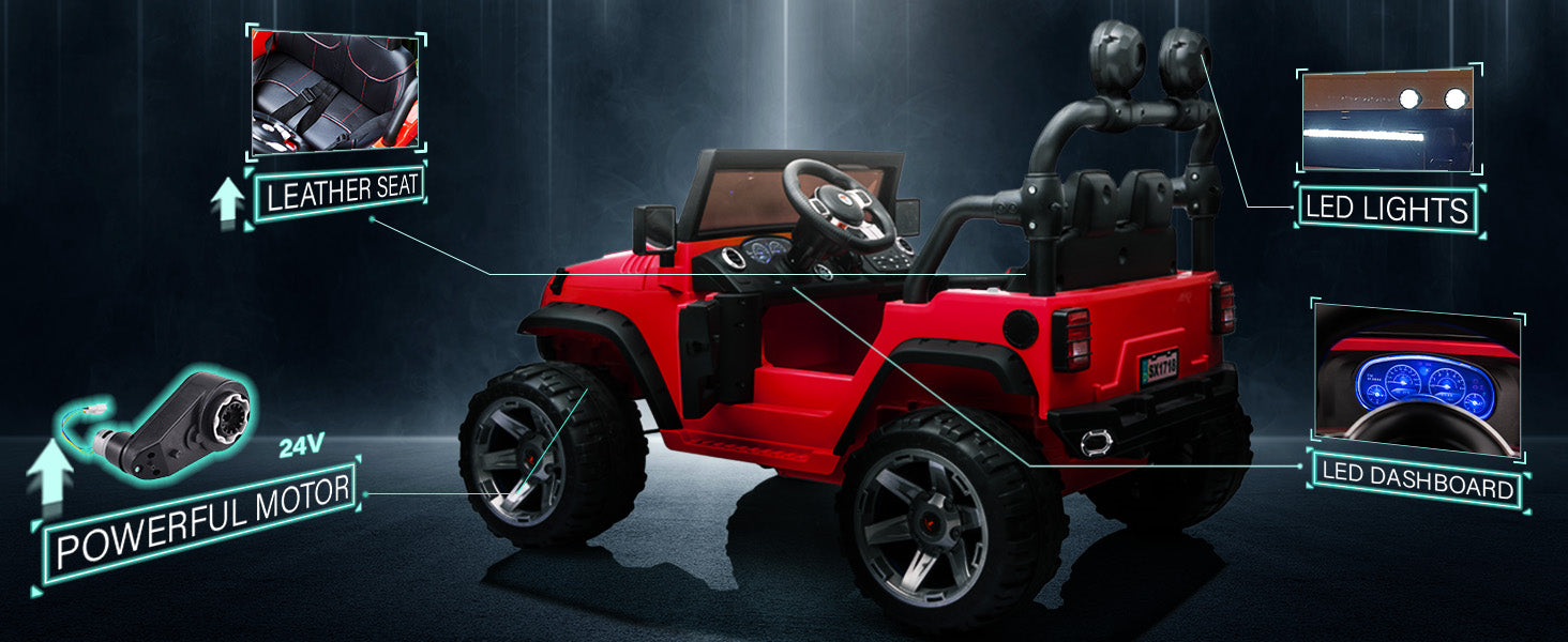 Red 24V kids ride-on Jeep with leather seat, powerful motor, LED lights and illuminated dashboard