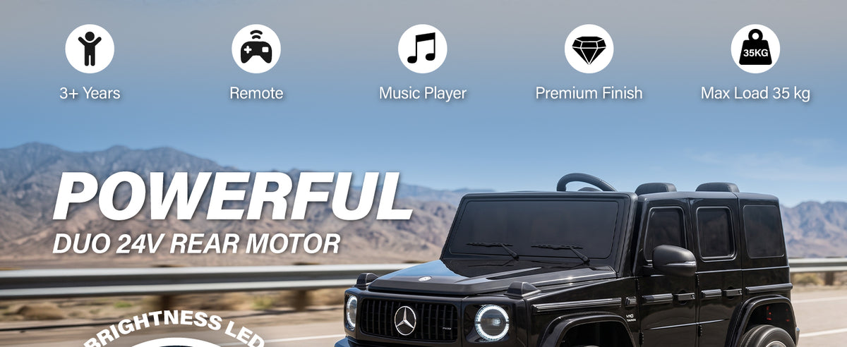 Mercedes-AMG G63 kids ride-on car with dual rear motors, remote control and music player
