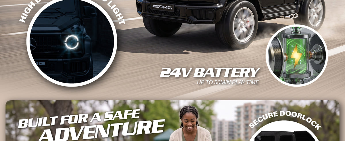 Mercedes-AMG G63 ride-on car with LED headlights, 24V battery and up to 50 minutes of playtime